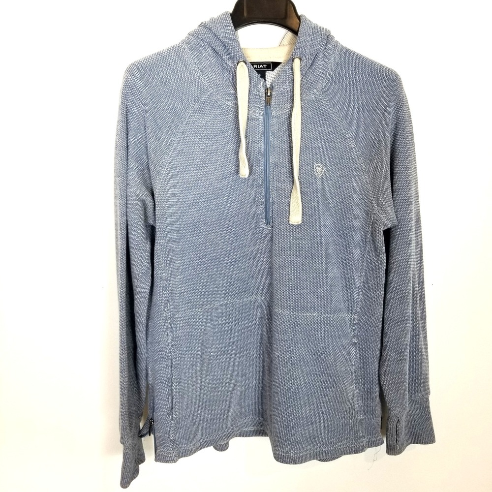 Ariat Women Basis 2.0 1/4 Zip Sweatshirt Hoodie Sz L Light Blue Waffle Knit Logo